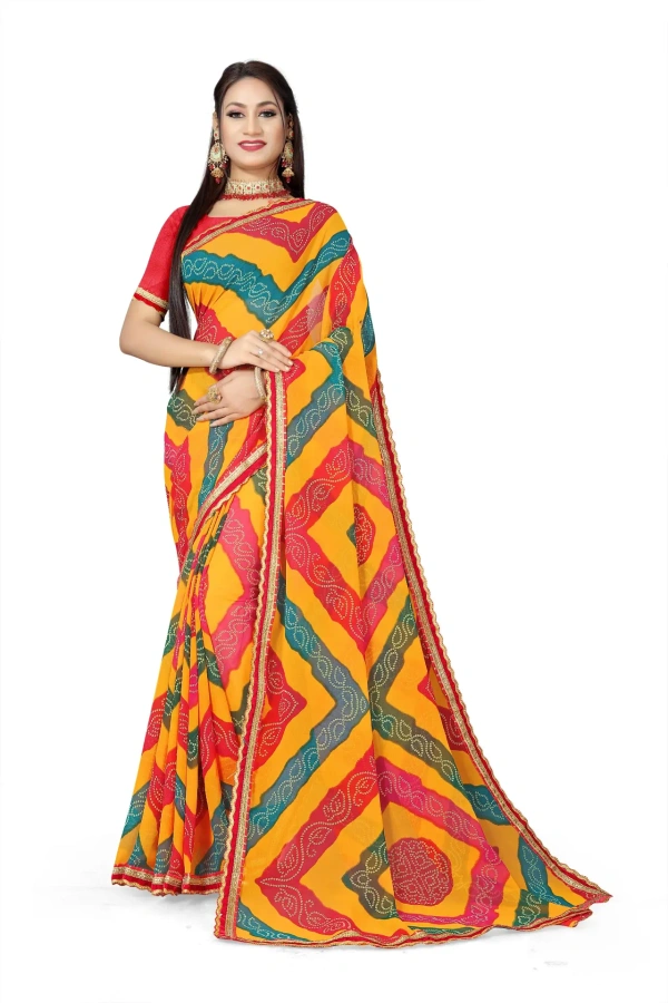VEEROSA Georgette Red Bandhani Printed Saree With Lace Border