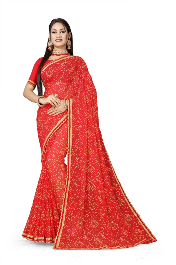 VEEROSA Georgette Red Bandhani Printed Saree With Lace Border