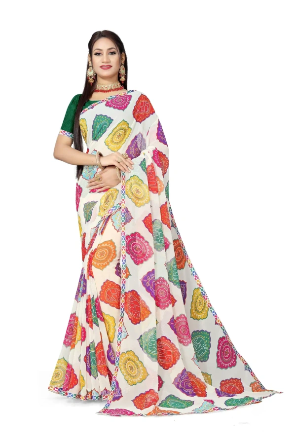 VEEROSA Georgette Multicolor Bandhani Printed Saree With Lace Border