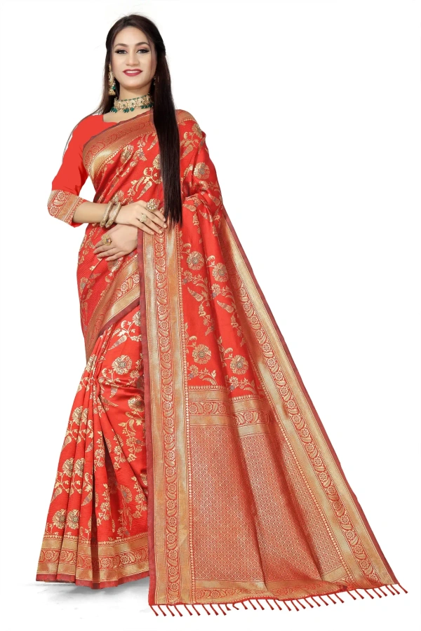 VEEROSA Orange Banarasi Silk Saree