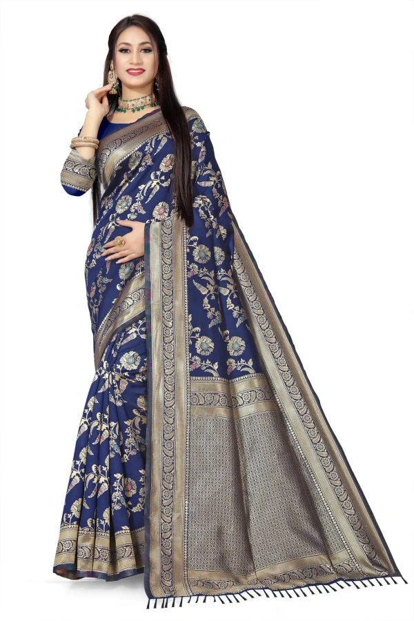 VEEROSA Navy Blue Banarasi Silk Saree