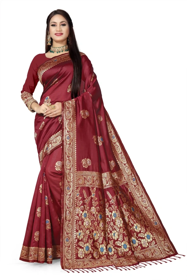 VEEROSA Maroon Banarasi Silk Saree