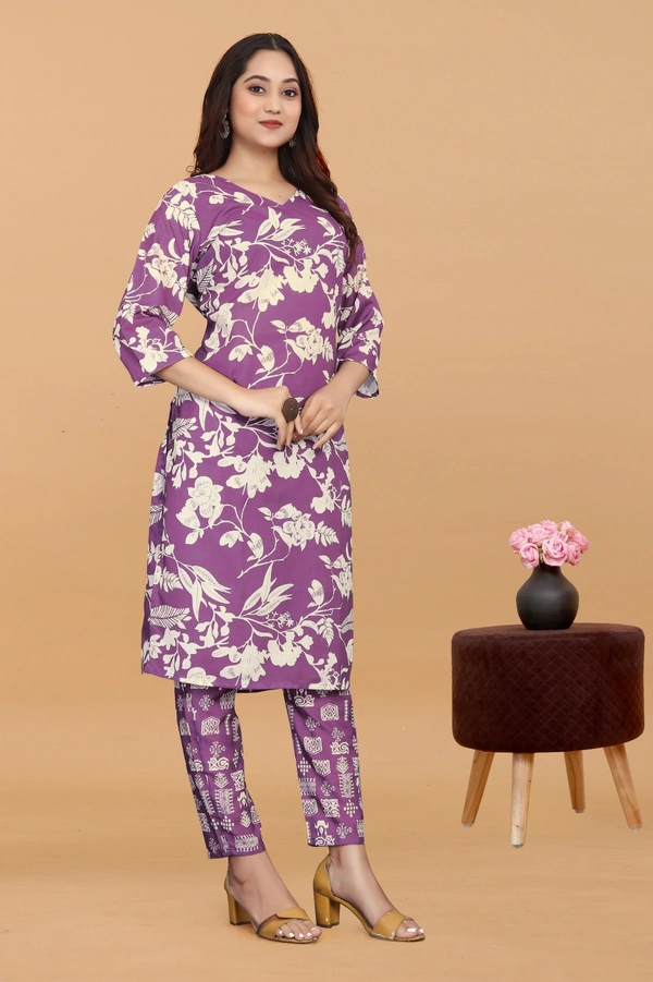 Arihant Creations Women's Purple Digital Printed Kurti & Pant Set - Comfortable & Stylish - Large (L)