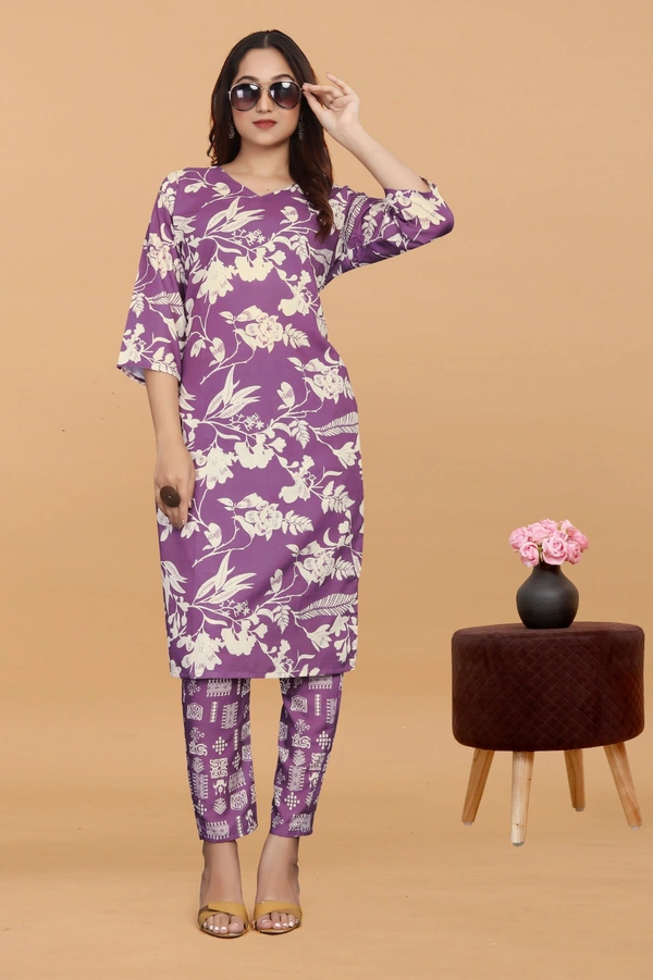 Arihant Creations Women's Purple Digital Printed Kurti & Pant Set - Comfortable & Stylish - Large (L)
