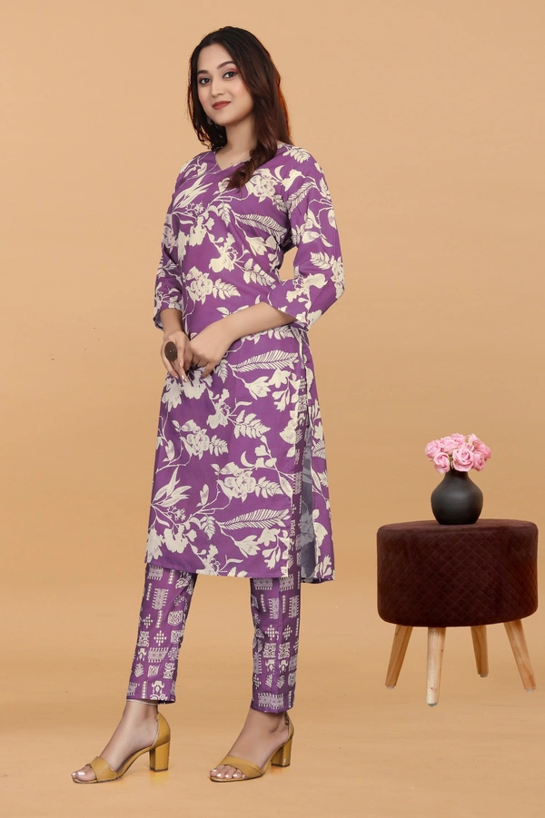 Arihant Creations Women's Purple Digital Printed Kurti & Pant Set - Comfortable & Stylish - Large (L)