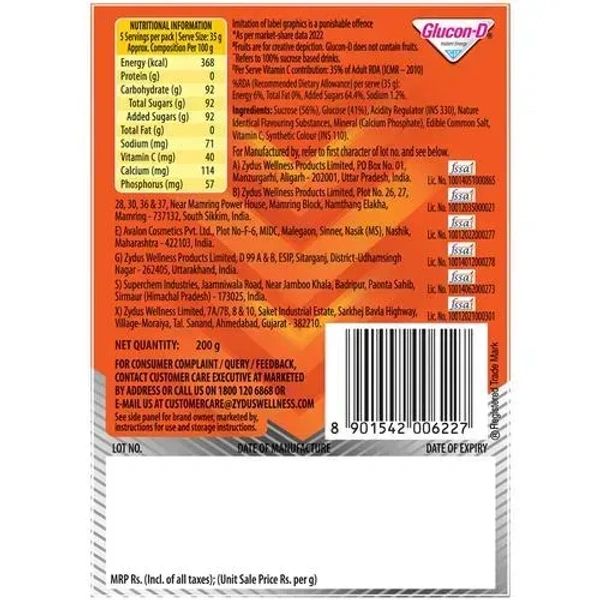 Glucon-D Instant Energy Nutrition Drink - Tangy Orange, 200 g Refill - 200 Gm