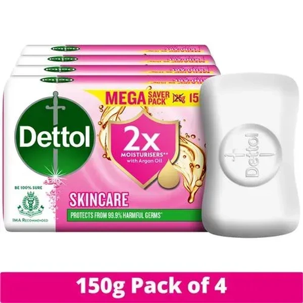 Dettol Skincare Moisturising Beauty Bathing Soap Bar With 2x Moisturisers, Glycerine & Argan Oil, 150 g (Pack of 4) - 600 Gm
