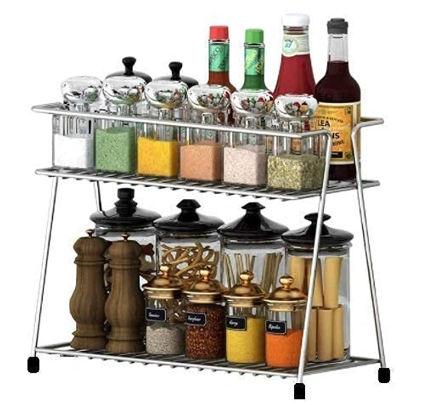 COLLECTION Stainless Steel 2 Layer Kitchen Spice Rack| Modular Kitchen Storage Rack | Kitchen Organizer Multipurpose Storage Shelf/Rack, Silver, Countertop, Tabletop, Tiered Shelf - 15.5D x 36.5W x 28.5H