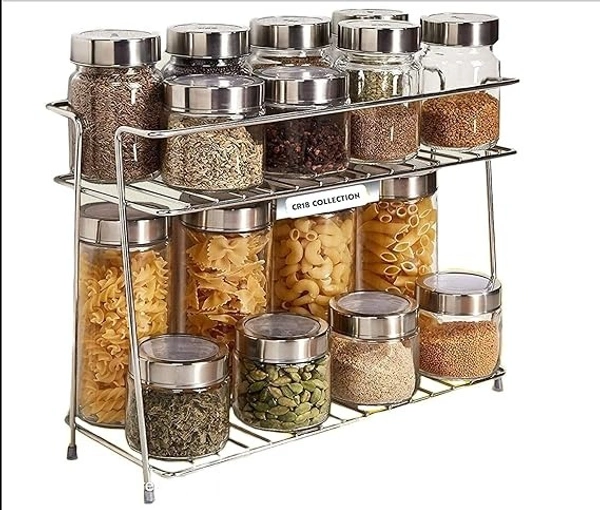 COLLECTION Stainless Steel 2 Layer Kitchen Spice Rack| Modular Kitchen Storage Rack | Kitchen Organizer Multipurpose Storage Shelf/Rack, Silver, Countertop, Tabletop, Tiered Shelf - 15.5D x 36.5W x 28.5H