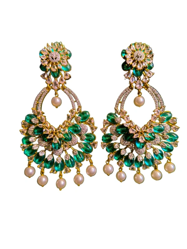 Green Stone Chandbali Earrings with Pearl Drops – Traditional Wedding & Party Jewelry for Women - White