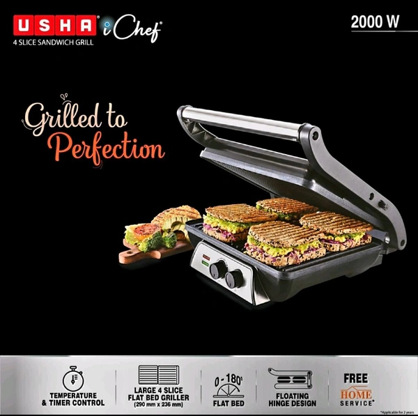 Usha iChef Sandwich Grill, 2000 Watt, 4 Slice Flat Bread Griller - Black, Large