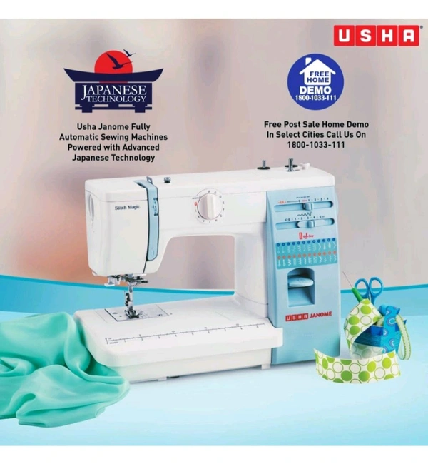 Usha Janome Stitch Magic Automatic Sewing Machine with 57 Stitch Functions (White-Blue)