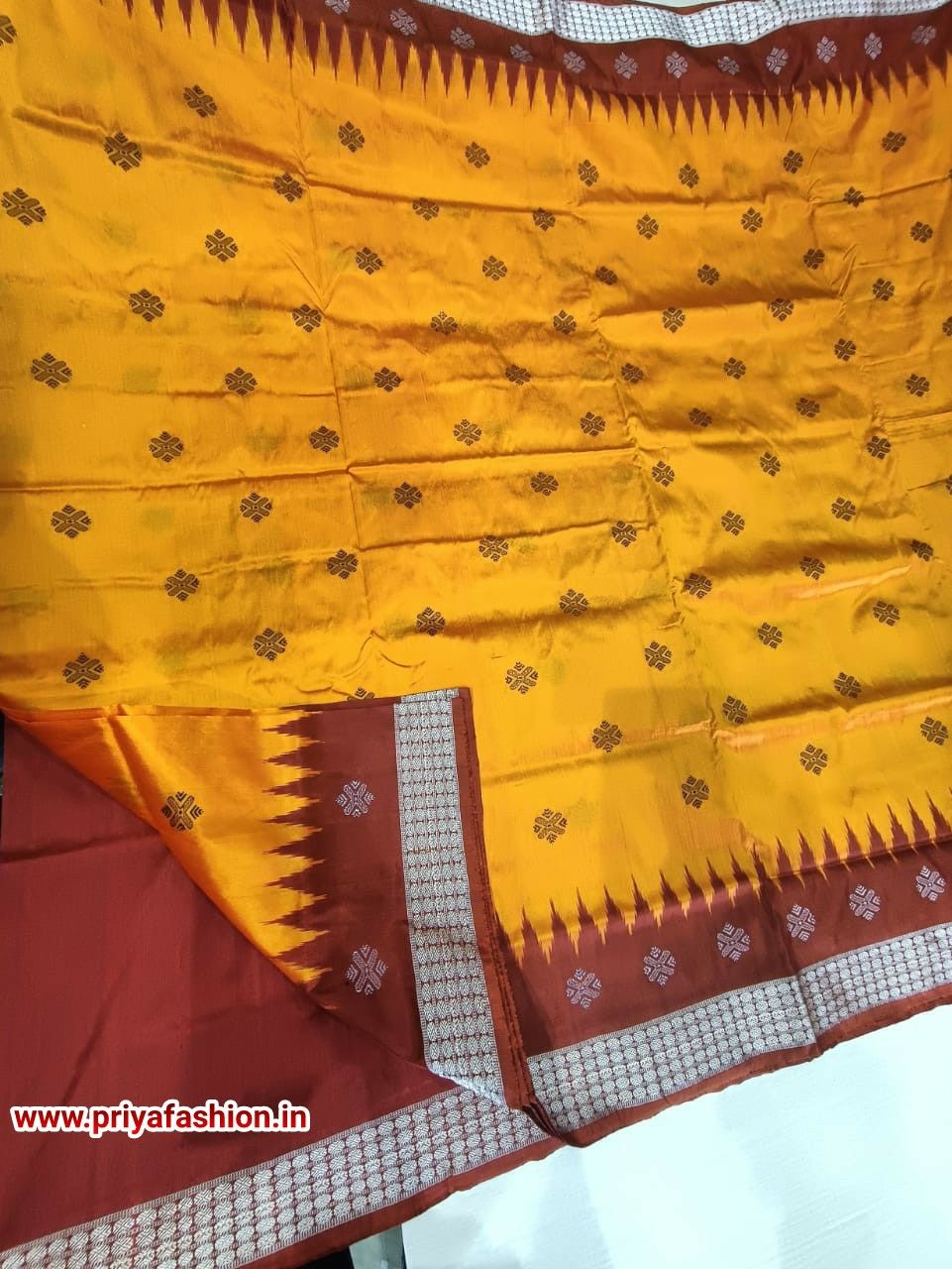 Nuapatni Ikat super fine Silk blended Yellow with Red border Pata Saree |  KhanduaPata