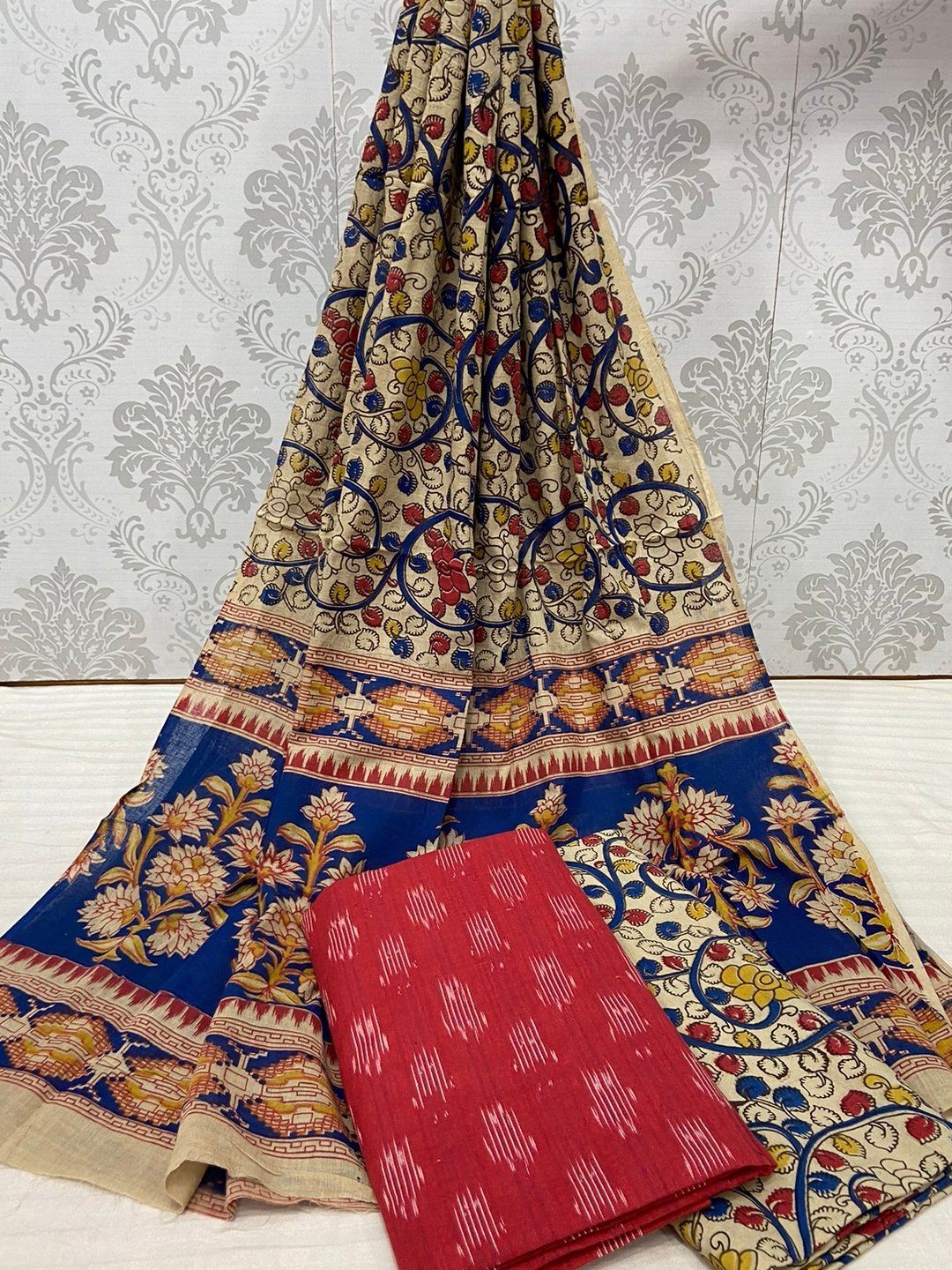 Tvis and Bliss. Beige with Blue and Red Kalamkari Print Malmal Cotton Dress  Material