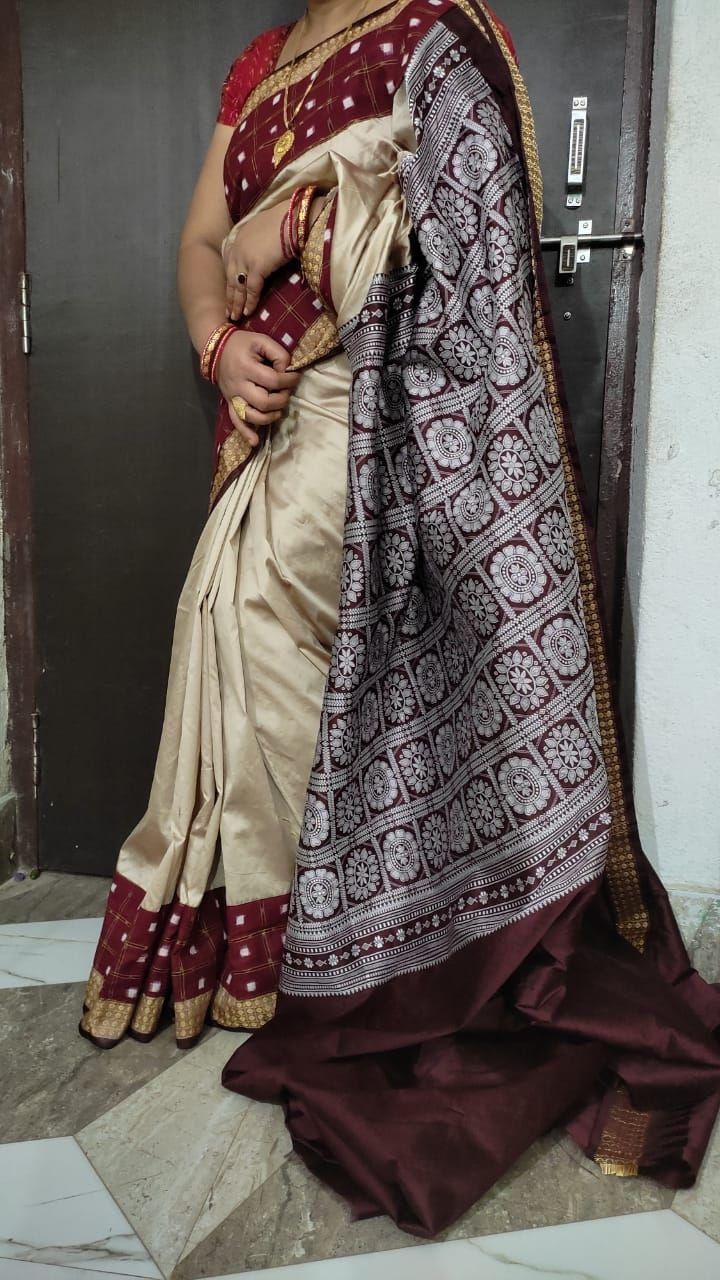 Sambalpuri-Silk Fuchsia-Red Saree With Green Pallu