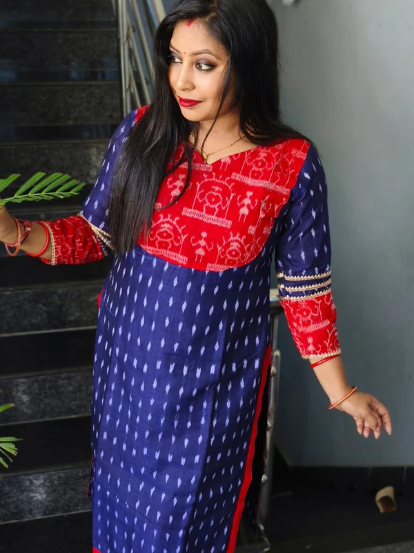 101066 Sambalpuri Handloom Kurti Blue Colour  - 34 Chest