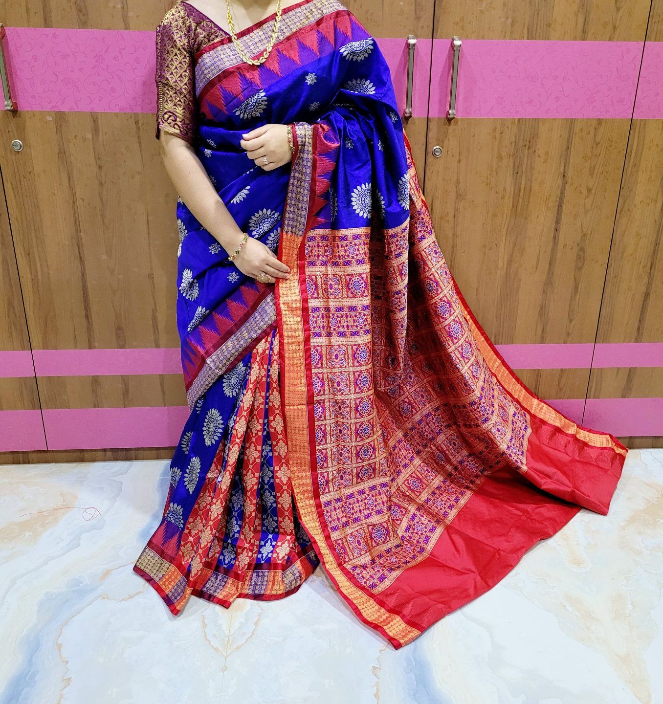 Orange Blue Sambalpuri Handwoven Silk Saree - Sambalpuri Fab