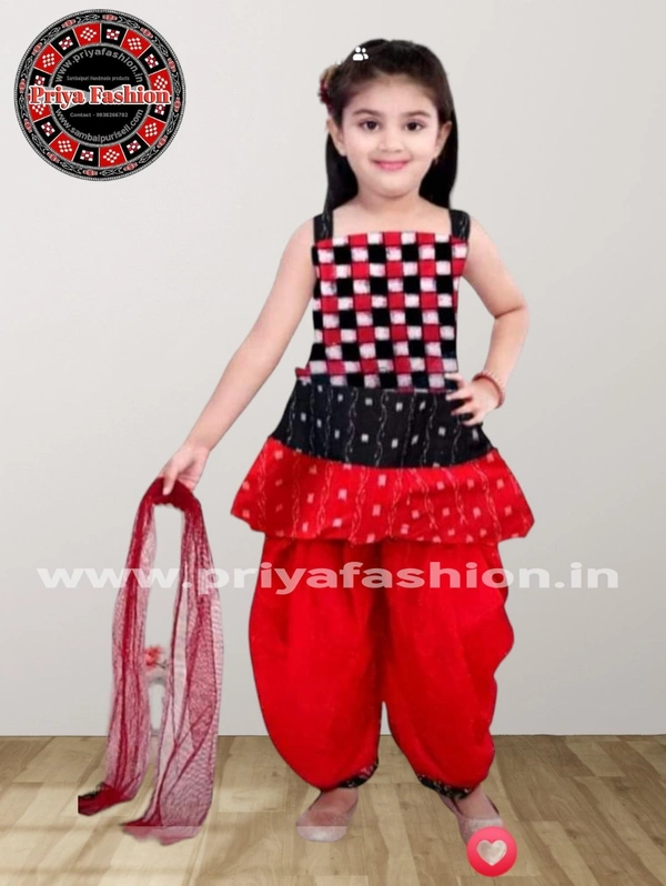 101492 Sambalpuri Handloom Cotton Kids Plazo Set With Dupatta  - 8 Years -10 Years