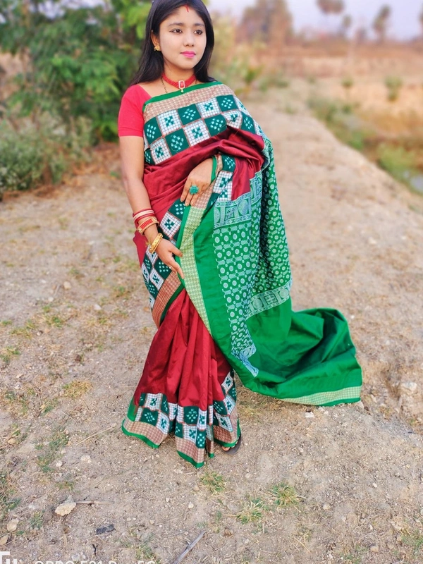 101572Silk Saree With Sambalpuri Patchwork Border With Blause 