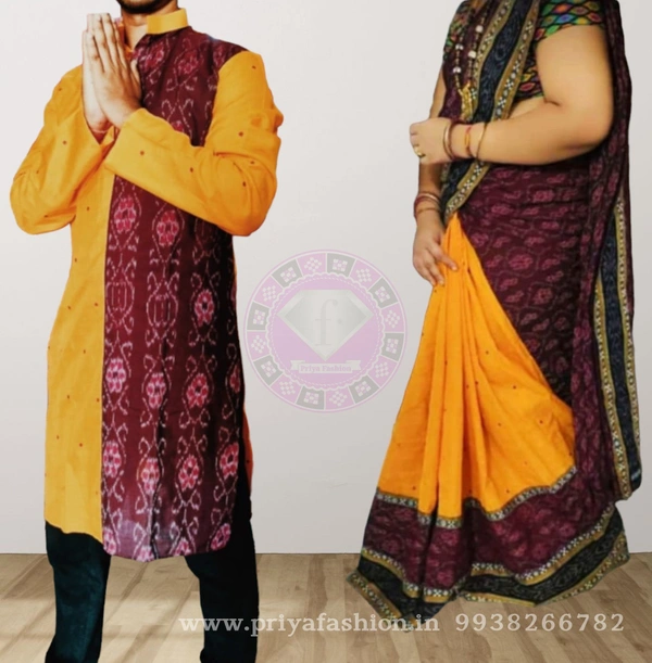101623 Sambalpuri Cotton Patchwork Saree With Kurta , Couple Dress 