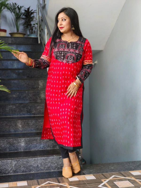 101639 Sambalpuri Cotton Kurti Both Side Same Fabric  - Red, 42
