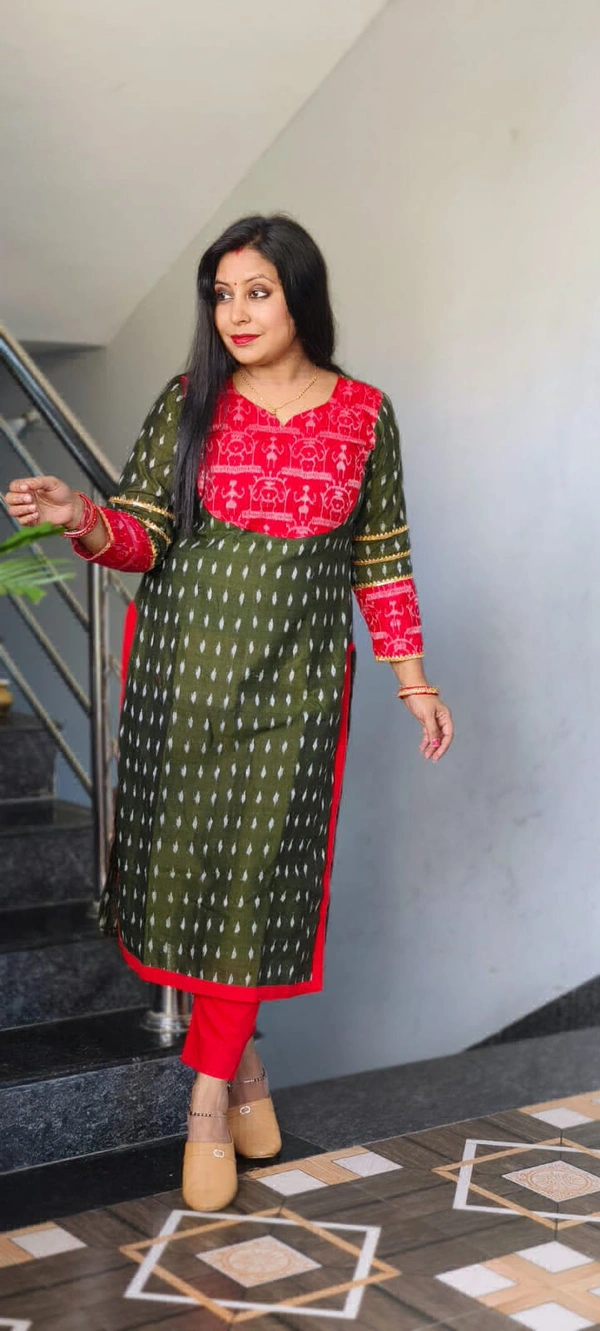 101640 Sambalpuri Cotton Kurti Both Side Same Fabric  - Green Leaf, 40