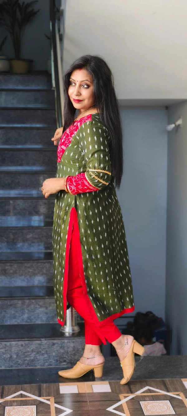 101640 Sambalpuri Cotton Kurti Both Side Same Fabric  - Green Leaf, 40