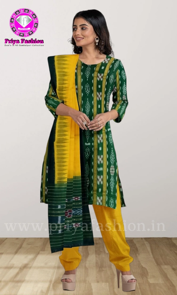 101681 Sambalpuri Handloom Cotton Stitching Kurti , Pant & Dupatta Set   - 42, Only Kurti