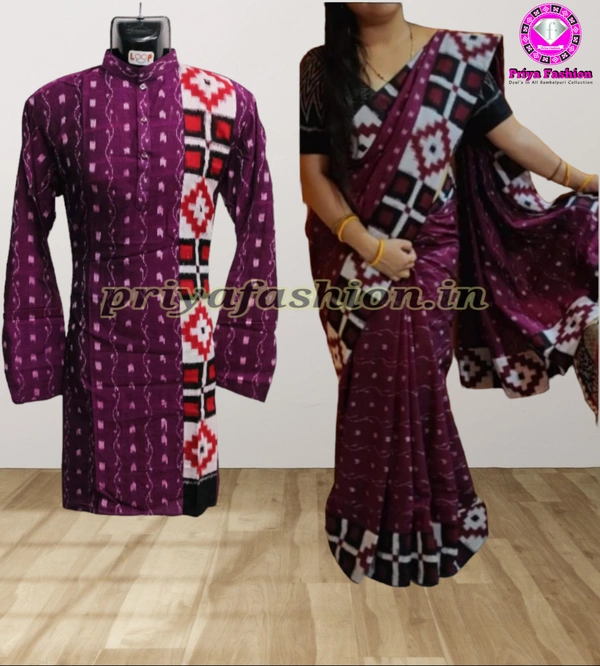 102062 Sambalpuri Handloom Couple Dress Patchwork Saree With Long Kurta  - 44