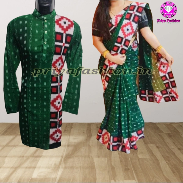102063 Sambalpuri Handloom Couple Dress Patchwork Saree With Long Kurta  - 40