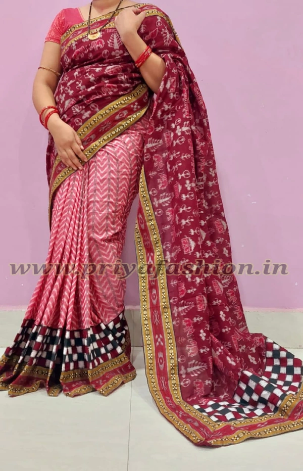 102196  Sambalpuri Handloom Cotton Patchwork Saree With Blouse 