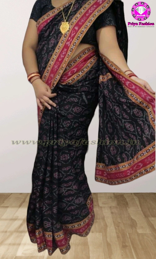 102234 Sambalpuri Handloom Cotton Patchwork Saree With Blouse  - Black