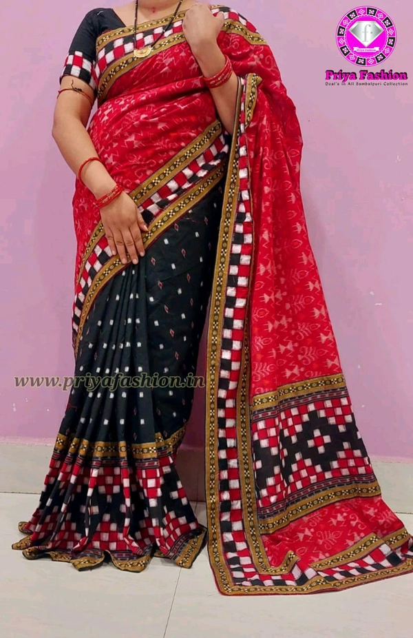 102235 Sambalpuri Handloom Cotton Patchwork Saree With Blouse  - Red