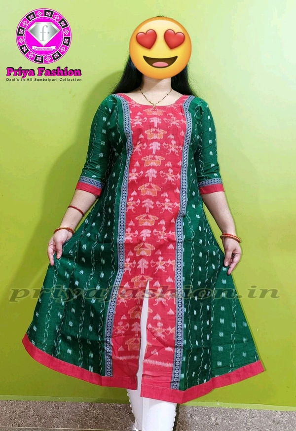 102238 Sambalpuri Handloom Cotton Round Long Kurti, Top - Forest Green, 36