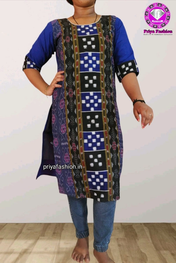 102248 Sambalpuri Handloom Cotton Stitching Kurti In Blue Colour  - Blue, M-36