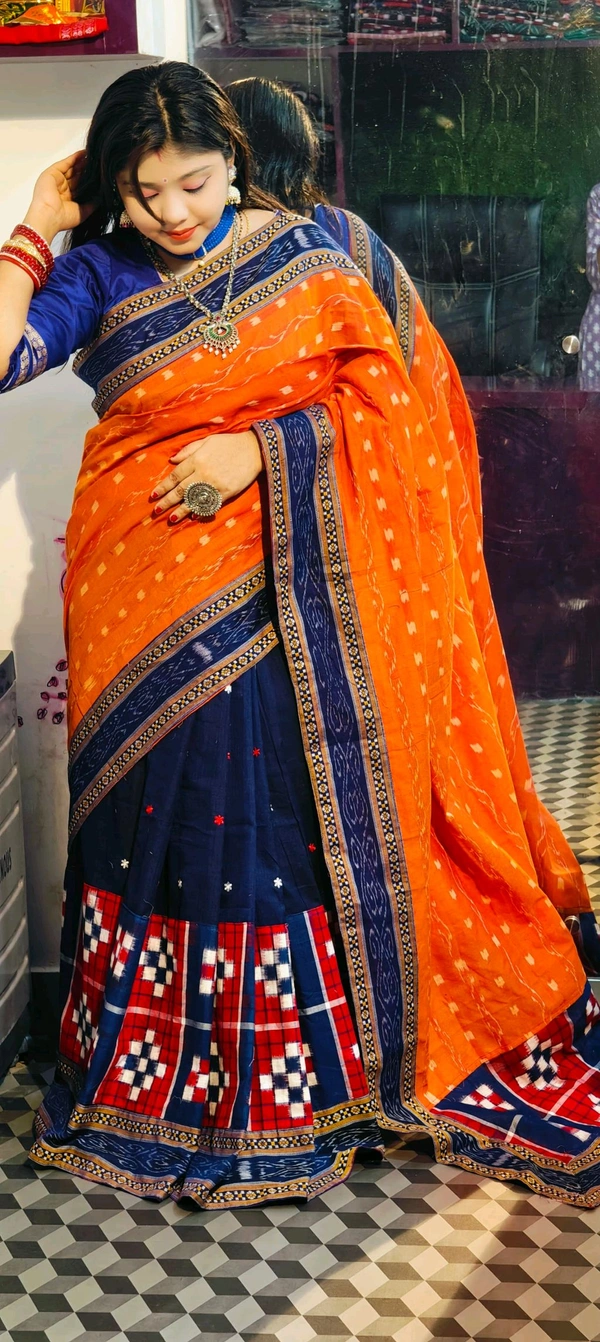 102252 Sambalpuri Handloom Cotton Patchwork Saree With Blause Pics  - Web Orange