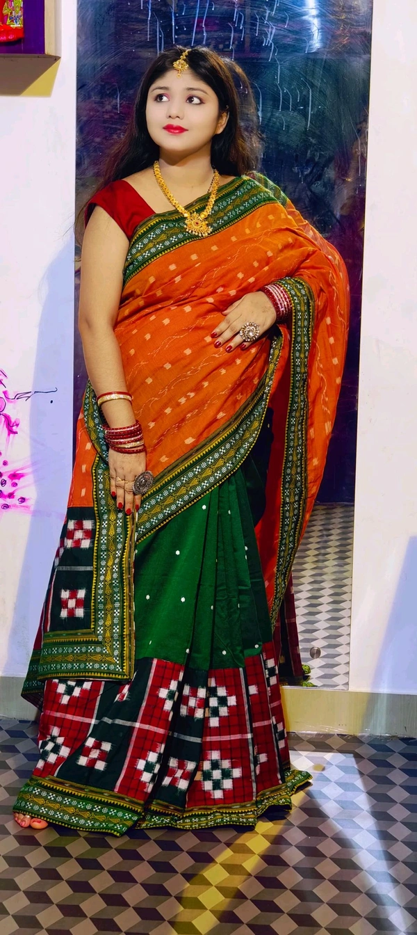 102253 Sambalpuri Handloom Cotton Patchwork Saree With Blause Pics  - Web Orange