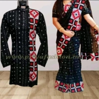 102265 Sambalpuri Handloom Cotton Couple Dress Long Kurta And  Saree With Blause  - 38 Size