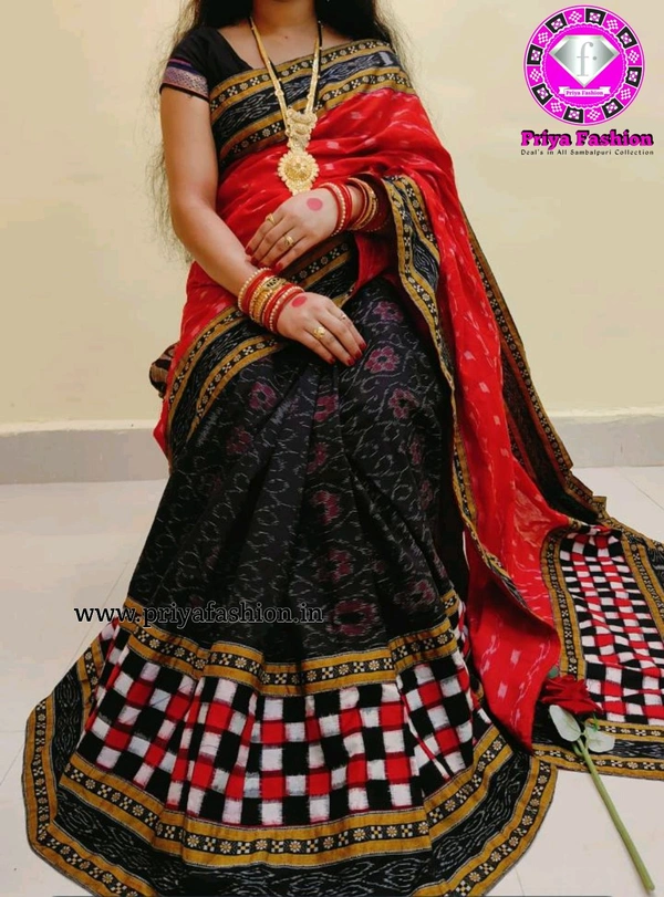 102267 Sambalpuri Handloom Cotton Patchwork Saree With Blause  - Black