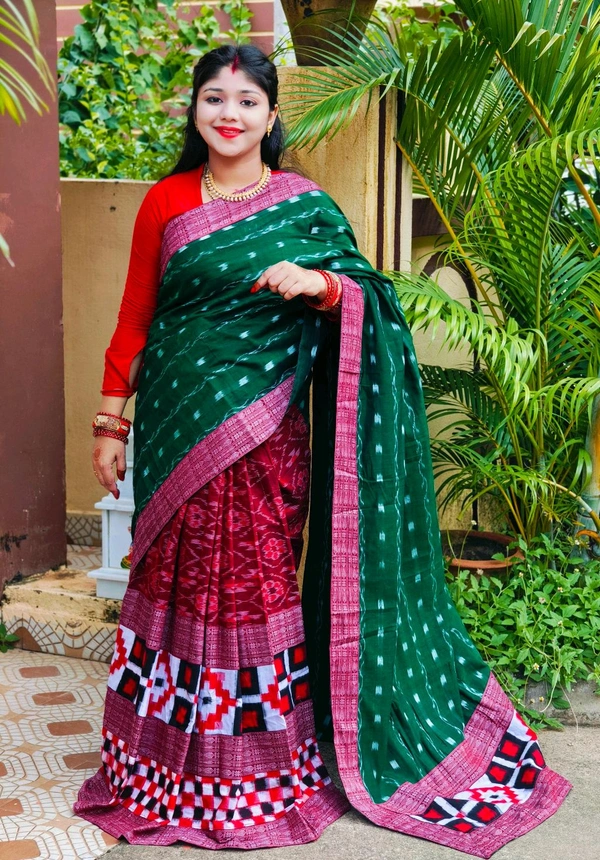 102283 Sambalpuri Handloom Cotton patchwork saree with Blause ..  - Forest Green, Maroon