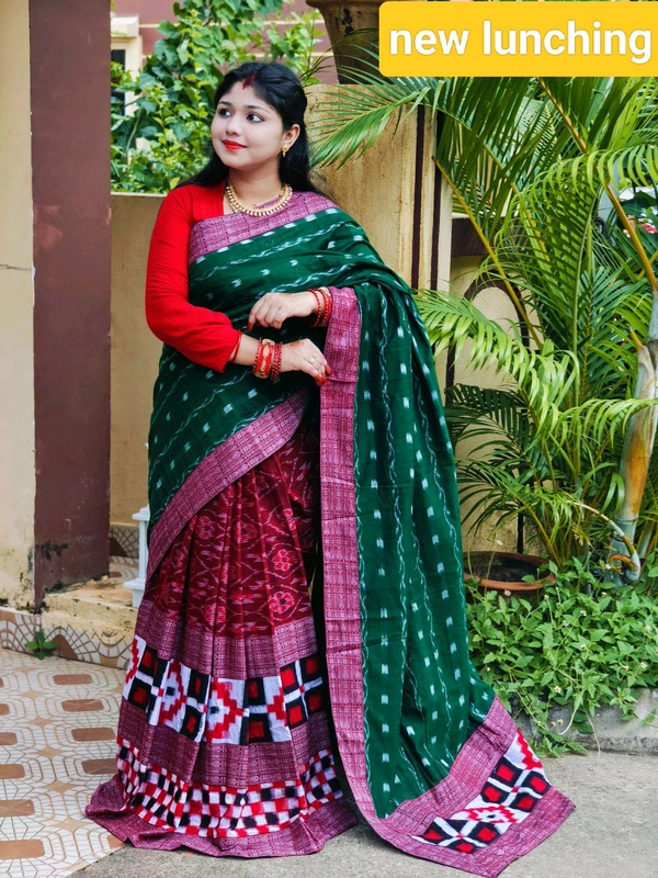 102283 Sambalpuri Handloom Cotton patchwork saree with Blause ..  - Forest Green, Maroon