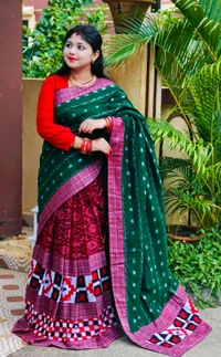 102283 Sambalpuri Handloom Cotton patchwork saree with Blause ..  - Forest Green, Maroon
