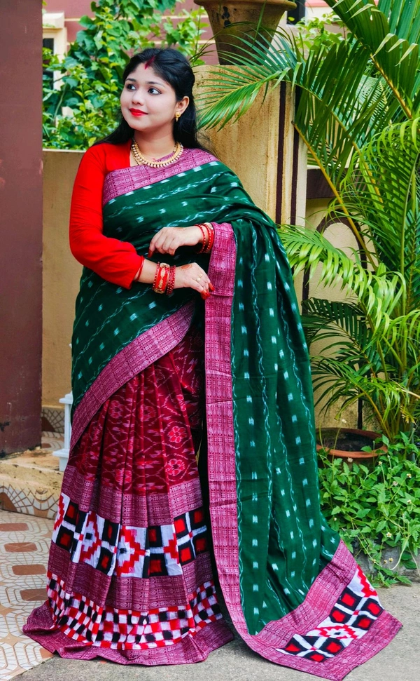 102283 Sambalpuri Handloom Cotton patchwork saree with Blause ..  - Forest Green, Maroon