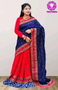 102284 Sambalpuri Handloom Cotton patchwork saree with Blause ..  - Blue, Red