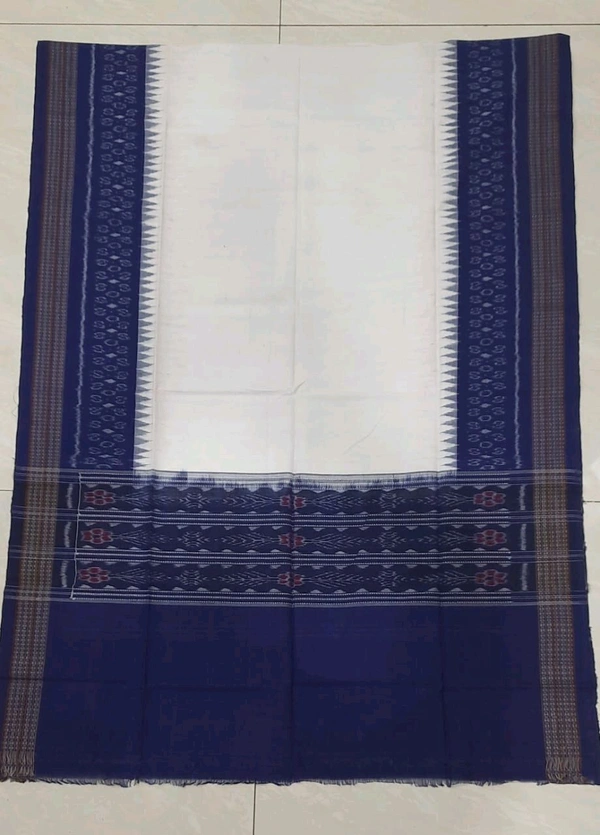 102290 Sambalpuri Handloom Cotton Dupatta  - White, Navy Blue