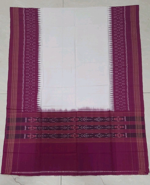 102291 Sambalpuri Handloom Cotton Dupatta  - White, Violet Eggplant