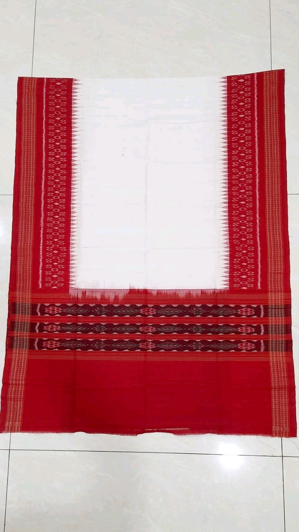 102292 Sambalpuri Handloom Cotton Dupatta  - White, Red