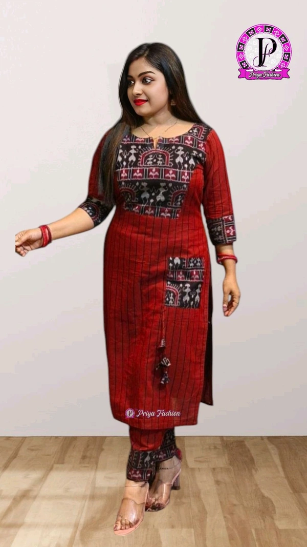 102333 Sambalpuri Handloom Cotton Stitching Kurti In Meroon Colour  - Totem Pole, XL Size - 42
