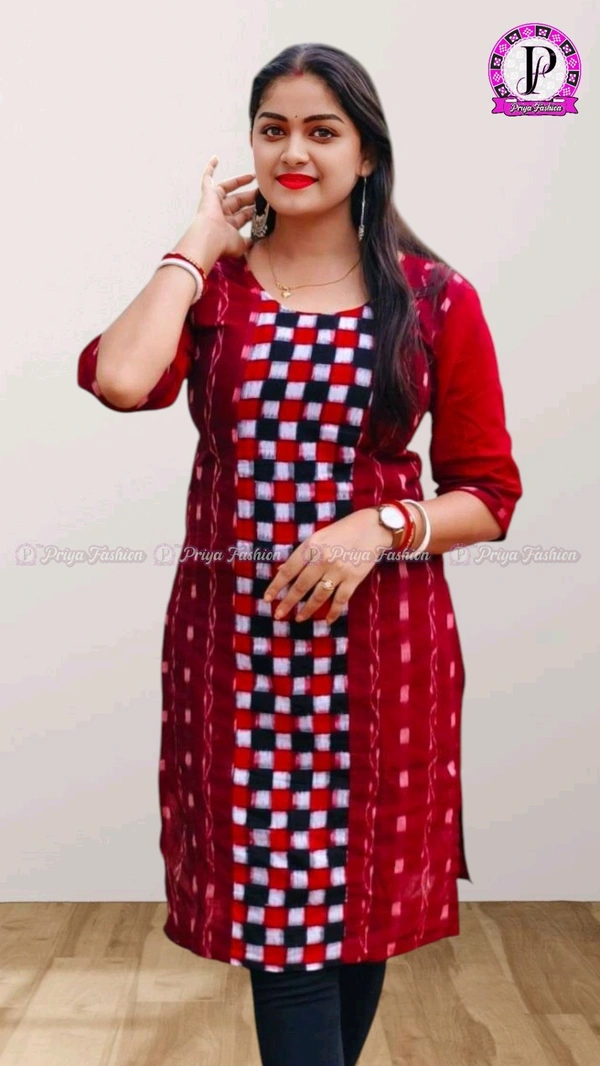 102339 Sambalpuri Handloom Cotton Stitching Kurti In Meroon Colour  - Totem Pole, XXL Size (44)