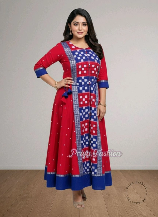 102377 Sambalpuri Round Kurti Top  - L-38, Red Orange